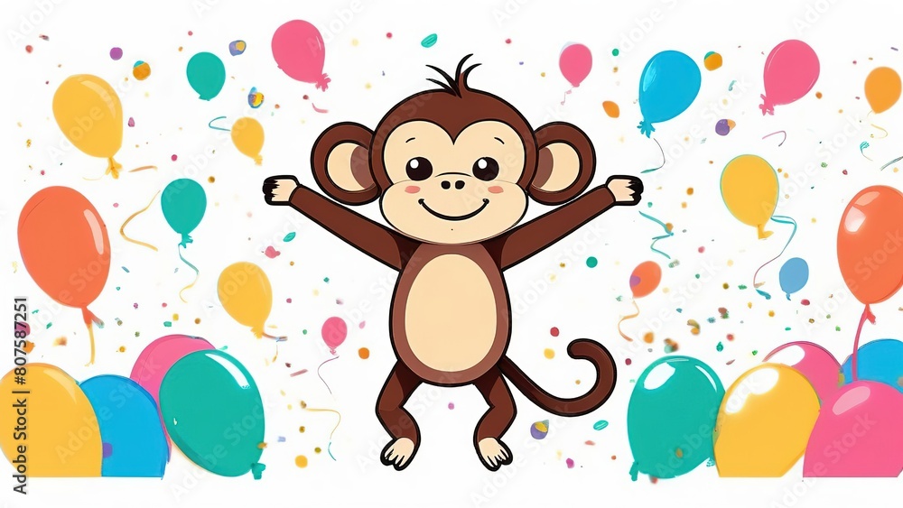 Funny cartoon monkey with balloons and confetti on a white background. A colorful card for a birthday or other festive event. Watercolor birthday card with a monkey. Funny cartoon monkey with balloons and confetti on a white background. A colorful card for a birthday or other festive event. Watercolor birthday card with a monkey.