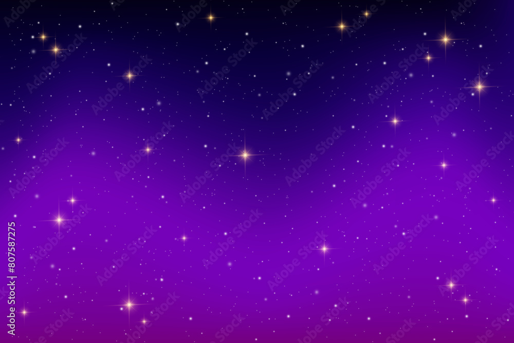 Starry night sky. Dark blue vector space. Black and purple galaxy with cosmic light of planets. Shiny astrology constellations with sparkles. Winter fantasy gradient backdrop. Milky way wallpaper.