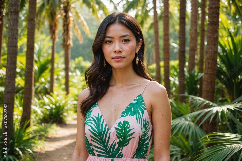 Calm young mexican and japanese female wearing pink summer maxi dress looking at camera while standing in sunny green forest with palms and trees Calm young mexican and japanese female wearing pink summer maxi dress looking at camera while standing in sunny green forest with palms and trees