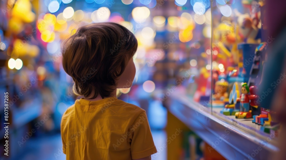 child gazing in wonder at the colorful displays in a toy store, their imagination ignited by the endless possibilities. child gazing in wonder at the colorful displays in a toy store, their imagination ignited by the endless possibilities.