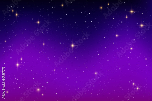 Starry night sky. Dark blue vector space. Black and purple galaxy with cosmic light of planets. Shiny astrology constellations with sparkles. Winter fantasy gradient backdrop. Milky way wallpaper.