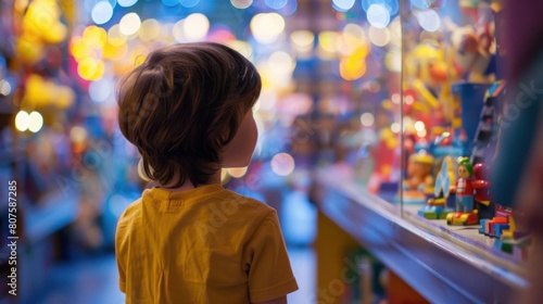 child gazing in wonder at the colorful displays in a toy store, their imagination ignited by the endless possibilities. 