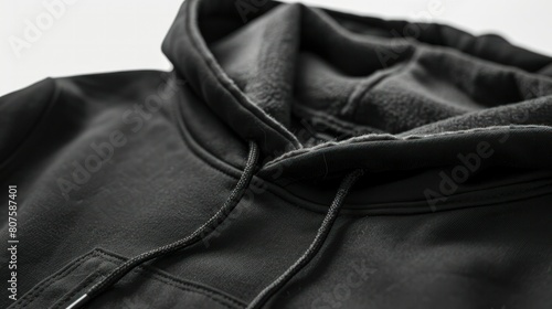  with the hood slightly pulled up, revealing the drawstring and the soft fleece lining,   photo