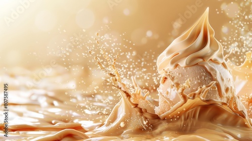 Salted caramel ice cream melting beautifully, its caramel swirls glistening against a pastel caramel background © G.Go