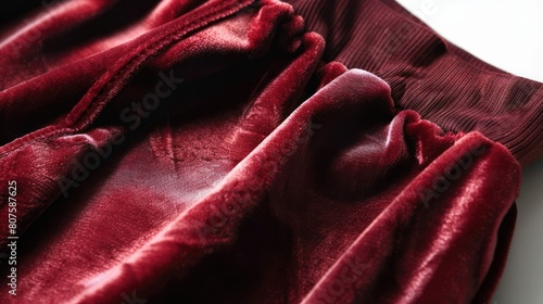 close-up photo of a pair of velvet sweatpants, highlighting the luxurious texture, the elastic waistband, and the tapered leg, on a clean white background.   photo