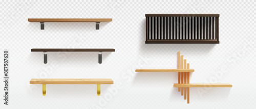 Empty wooden wall shelf. 3d isolated wood rack. Bookshelf for library interior or modern gallery mockup. Home or store storage furniture set with brown texture. Oak office stand template collection