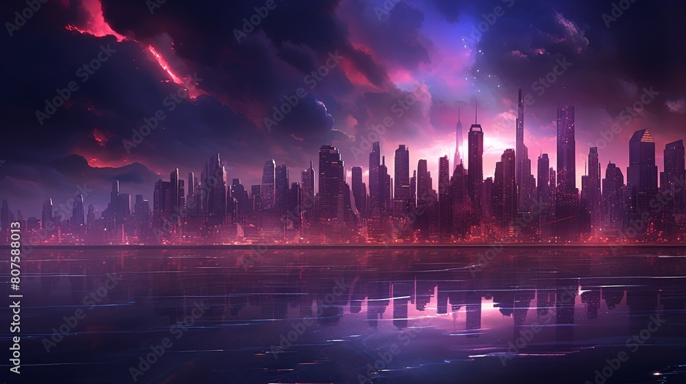 a city skyline with red lights and clouds in the sky