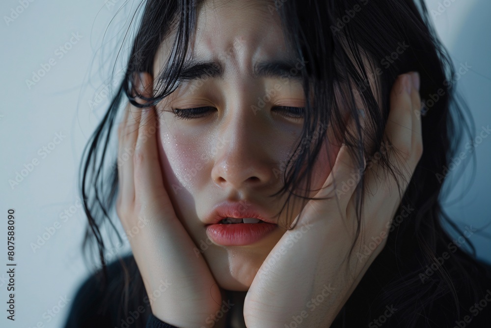 a woman with her hands on her face a woman with her hands on her face