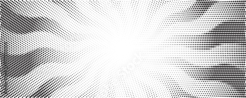 Sun rays halftone background. White and grey radial swirl abstract comic pattern. Vector explosion abstract lines backdrop
