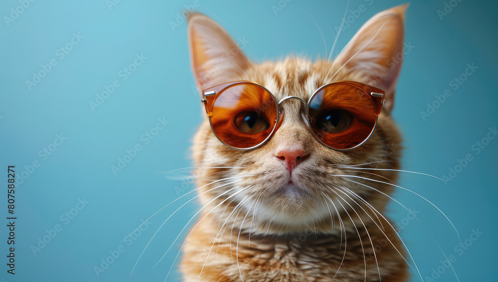 A ginger cat wearing sunglasses, cute and funny, light blue background. Created with Ai