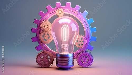 Light bulb and gears 3d render. Innovation concept. Insight icon isolated on pastel background. 3D Illustration. Pink,purple and blue. Glow Idea,teamwork,brainstorming design
