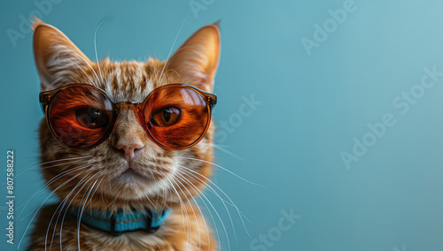A cute ginger cat wearing sunglasses, solid blue background. Created with Ai
