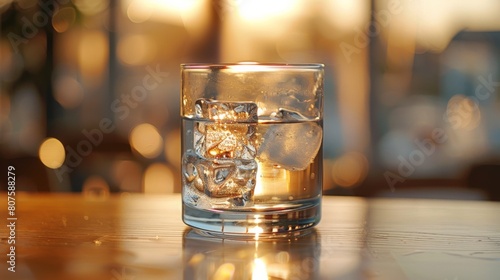 Serene Scene, A calm and serene portrayal of a glass of clear water with a single ice cube slowly melting inside.