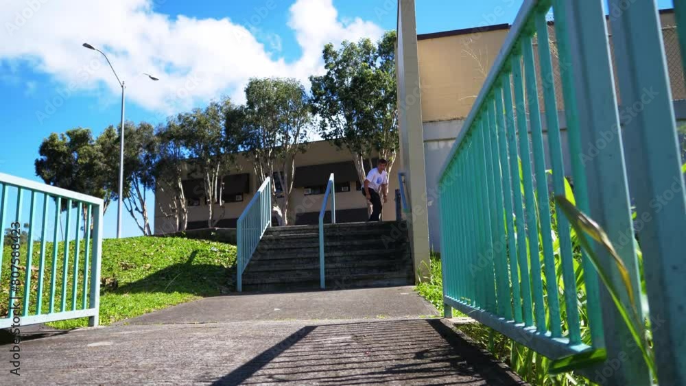 man does a trick on to the hand rail in hawaii man does a trick on to the hand rail in hawaii