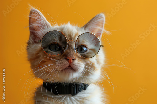 A cute cat wearing glasses in the style of orange background, studio shot, closeup. Created with Ai