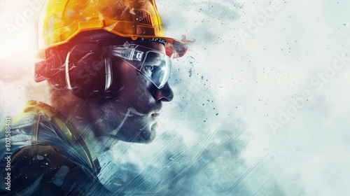  construction worker wearing earplugs and safety glasses, their protective gear shielding them from the noise and dust,  