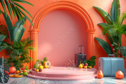 .Empty stylish podium 3D mockup background for beauty product presentation concept. Summer copy space platform surrounded by palm leaves . Cosmetics, perfume or home goods sales advertising stand. © Алина Троева