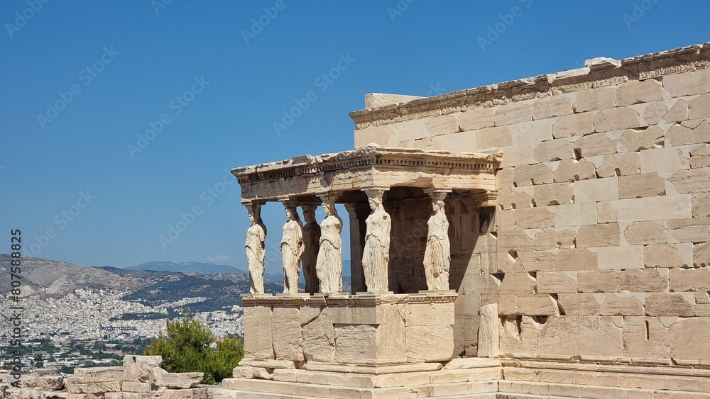 caryatids athens acropolis greece in sunny srping day