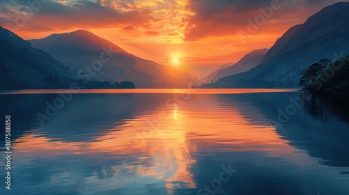 tranquil beauty of a sunrise reflected in the still waters of a mountain lake