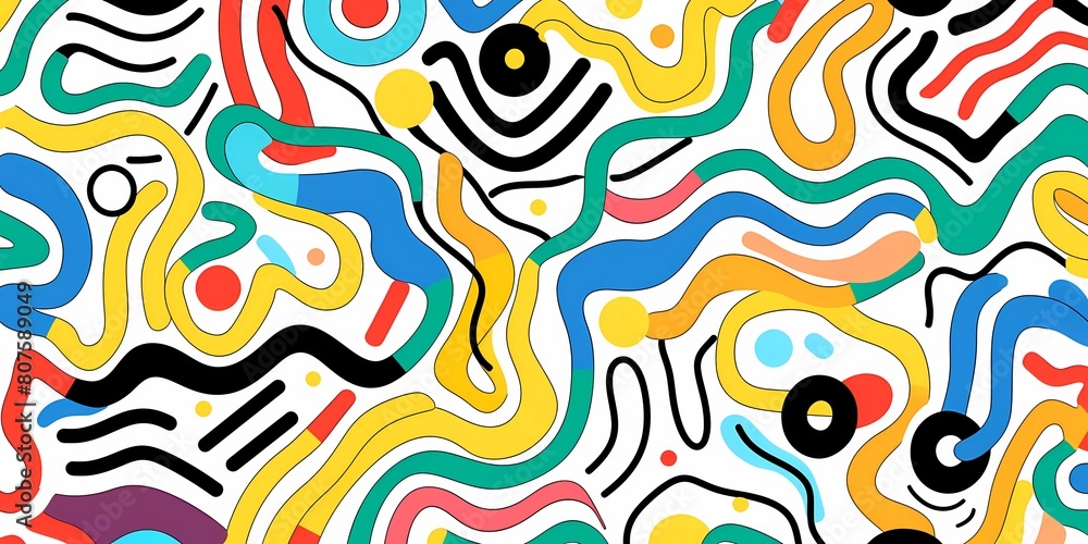 Doodle colorful lines in seamless pattern. Abstract art background vector design with childish doodles, leaves, dots in bright colors. Examples of textile or fabric print designs. Doodle colorful lines in seamless pattern. Abstract art background vector design with childish doodles, leaves, dots in bright colors. Examples of textile or fabric print designs.
