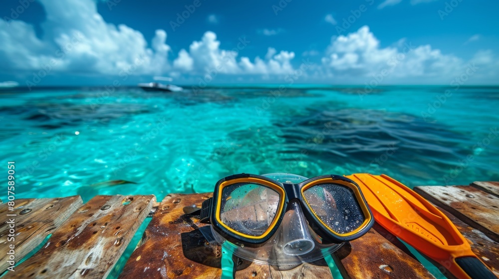 Snorkeling Gear, Snorkel, mask, and fins on a dock with clear blue water in the background, ready for an underwater adventure. Snorkeling Gear, Snorkel, mask, and fins on a dock with clear blue water in the background, ready for an underwater adventure.