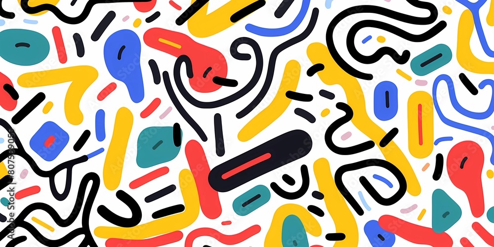 Fototapeta premium Doodle colorful lines in seamless pattern. Abstract art background vector design with childish doodles, leaves, dots in bright colors. Examples of textile or fabric print designs.