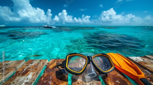 Snorkeling Gear, Snorkel, mask, and fins on a dock with clear blue water in the background, ready for an underwater adventure. photo
