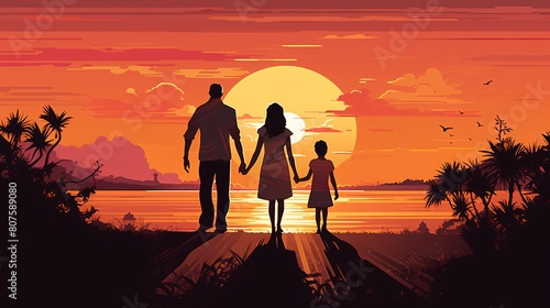 a man and woman holding hands and walking on a path with a sunset