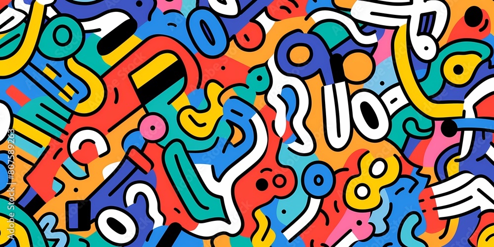 Doodle colorful lines in seamless pattern. Abstract art background vector design with childish doodles, leaves, dots in bright colors. Examples of textile or fabric print designs. Doodle colorful lines in seamless pattern. Abstract art background vector design with childish doodles, leaves, dots in bright colors. Examples of textile or fabric print designs.