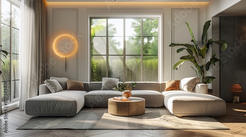 A modern light luxury style living room with stylish furniture, minimalist design, contemporary decor, natural light, bright, minimalistic decor, sleek aesthetics. Generative AI.
