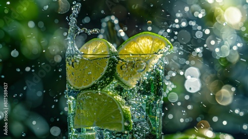 Splash of Citrus, A dynamic splash in a glass of lime soda, emphasizing the vibrant green and bubbles.