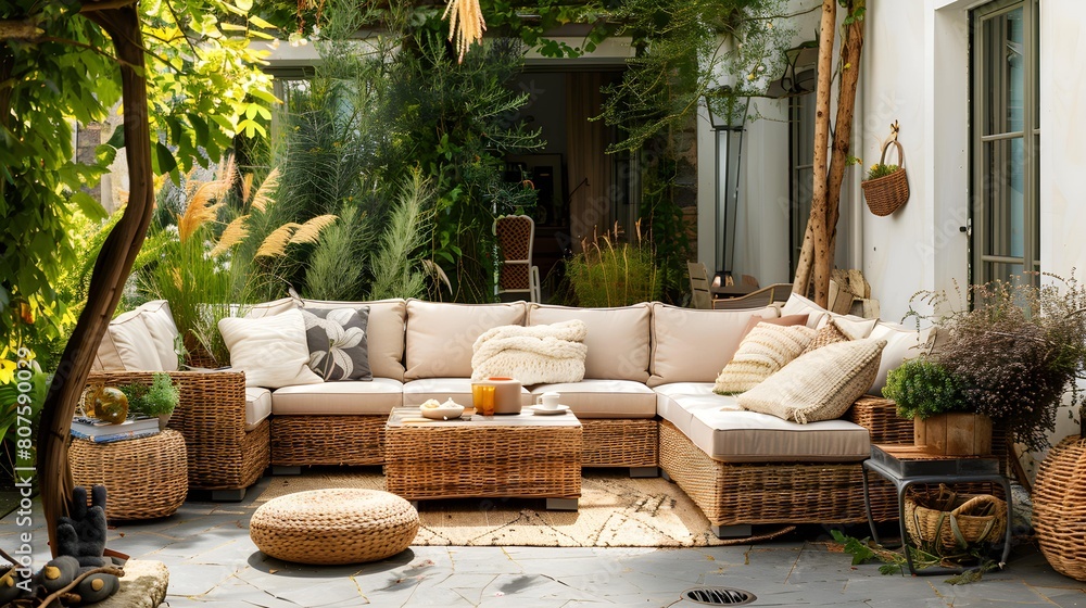 Garden patio decorated with Scandinavian wicker sofa and coffee table 