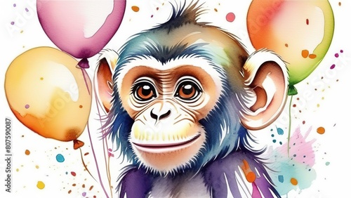 Funny cartoon monkey with balloons and confetti on a white background. A colorful card for a birthday or other festive event. Watercolor birthday card with a monkey.