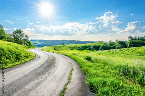 Serene Countryside Road Winding Through Lush Green Fields on a Sunny Day