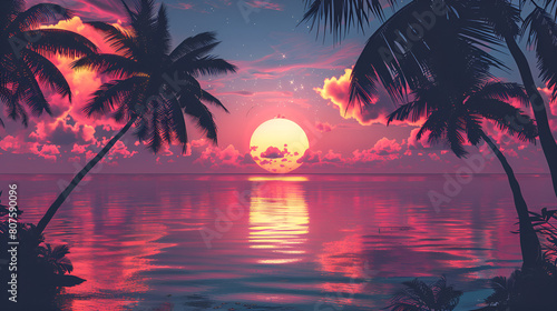 The sun is setting over the ocean, casting a warm glow on the water as palm trees stand tall in the foreground.
