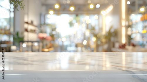 empty beautiful table top counter and blur bokeh background in clean and bright.