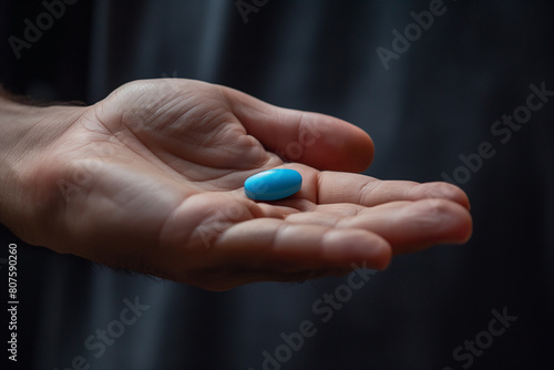 man's hand with blue pill