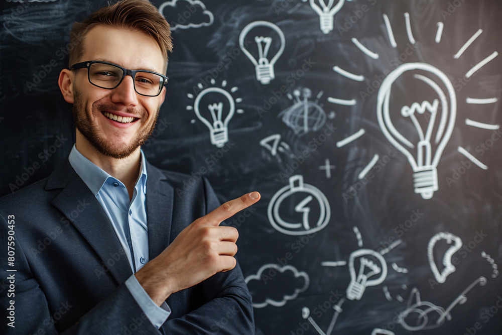 a man pointing at a blackboard with light bulbs drawn on it a man pointing at a blackboard with light bulbs drawn on it