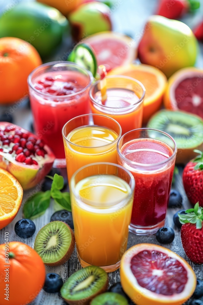 Assorted Fresh Fruit Juices Served With Citrus Slices and Berries on a Dark Surface Assorted Fresh Fruit Juices Served With Citrus Slices and Berries on a Dark Surface