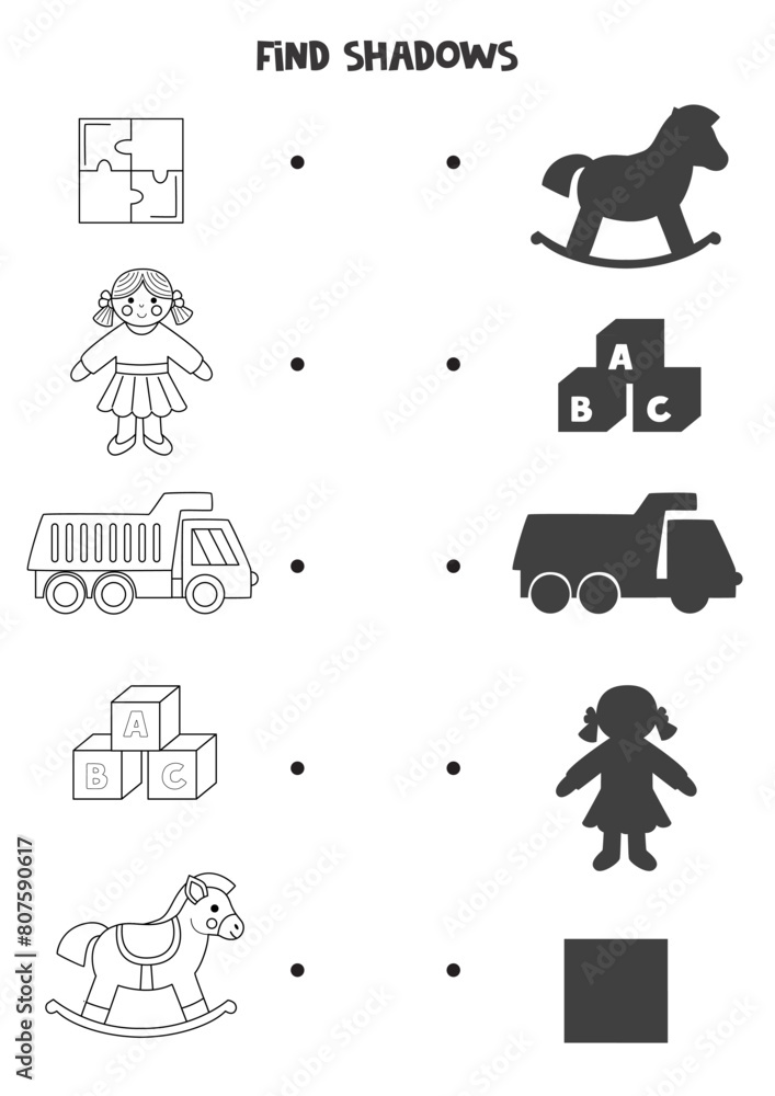 Find the correct shadows of black and white toys. Logical puzzle for kids.