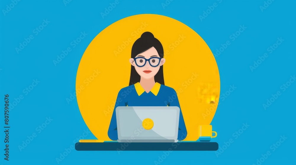 A woman is sitting at a desk with a laptop and a cup of coffee. She is ...