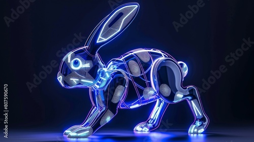 A rabbit is shown in a blue and purple light. The rabbit is in a very detailed and realistic way, with its body and legs clearly visible. The light and color of the rabbit give it a futuristic photo