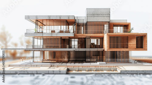 Modern architectural concept of a multi-level residential building with a combination of glass, wood, and concrete elements, showcasing open terraces and a contemporary design.