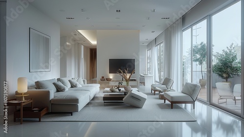 Apartment living room with overcast side lighting, featuring a tranquil and minimalist interior style with minimal decor. Generative AI.