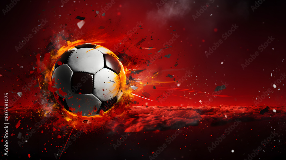 Fototapeta premium 3D rendering of a black and white soccer ball burning with hot flames on a red background under a spotlight background.
