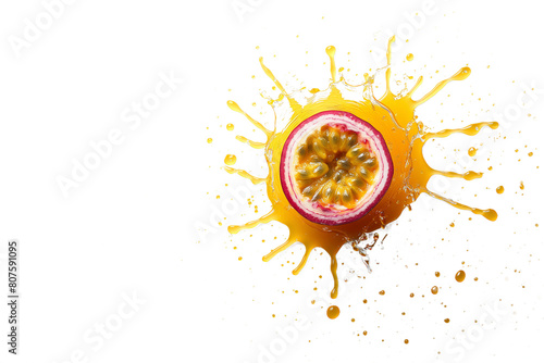 passion fruit juice body flow on pure white ground, large piece, top view, middle of picture, clean white background