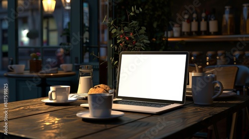 Cozy Workspace Laptop Coffee and Pastries in a Charming Cafe Scene