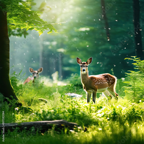 andscape of green nature with small deer enjoy fresh air on meadow in the forest © Sakirul