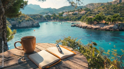 Travel Journal, An open journal with a pen and a cup of coffee on a table overlooking a scenic vacation spot. photo