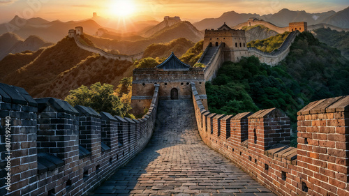 Such a detailed picture of the Great Wall of China at sunset photo